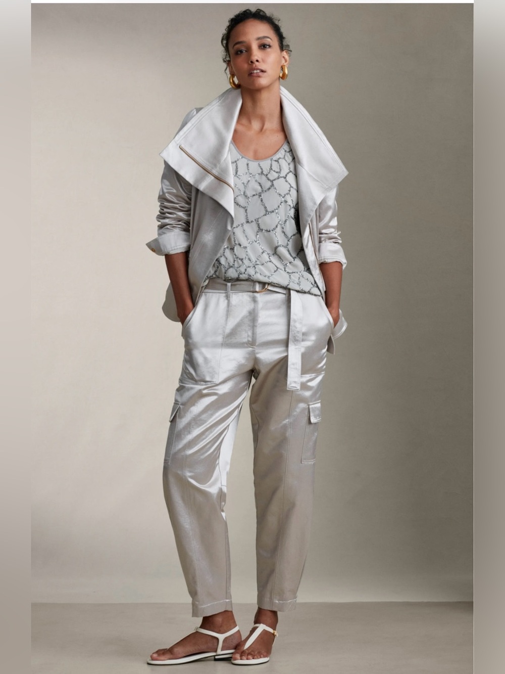 Donna Karan Light Gray Satin Cargo Trousers